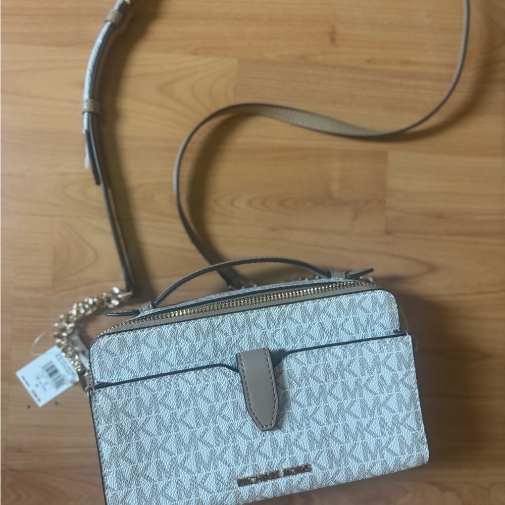 Michael Kors Monogram Cream and Tan Crossbody Bag NWT